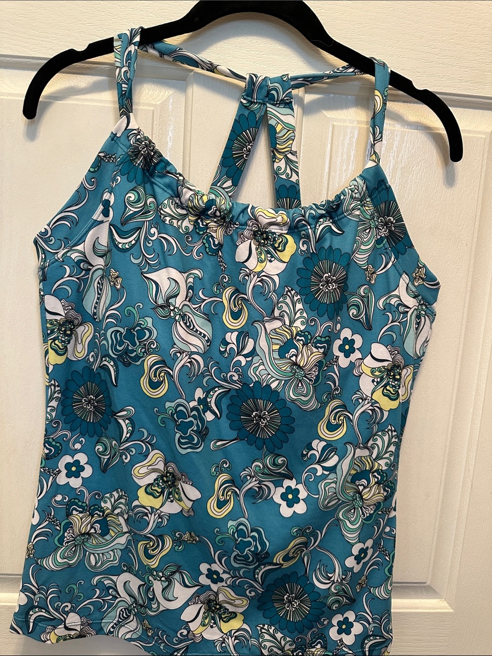 Floral Teal Knit Halter Tank Top - Women's Built-In Bra